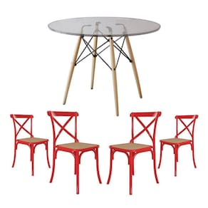 Jogo De Mesa Eiffel Redondo Tampo De Vidro 110Cm Com 4 Cadeiras Katrina Vermelha Assento Bege