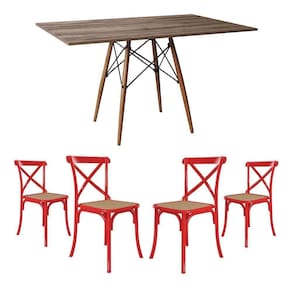 Jogo De Mesa Eiffel Retangular Tampo De Madeira 120X75Cm Amêndoa Com 4 Cadeiras Katrina Vermelha