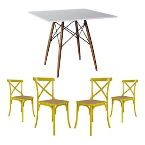 Conjunto De Mesa Eiffel Quadrado Tampo De Madeira 90Cm Branco Com 4 Cadeiras Katrina Amarelao