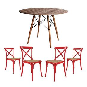 Conjunto De Mesa Eiffel Redondo Tampo De Madeira 90Cm Amêndoa Com 4 Cadeiras Katrina Vermelha