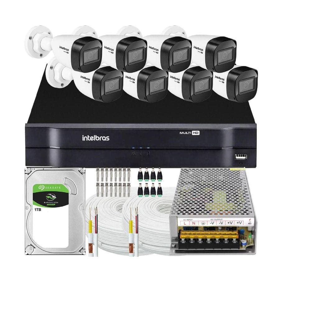 Kit Cftv Intelbras 8 Cameras 1120b 1008 c 1t 200 Metros Cabo Black
