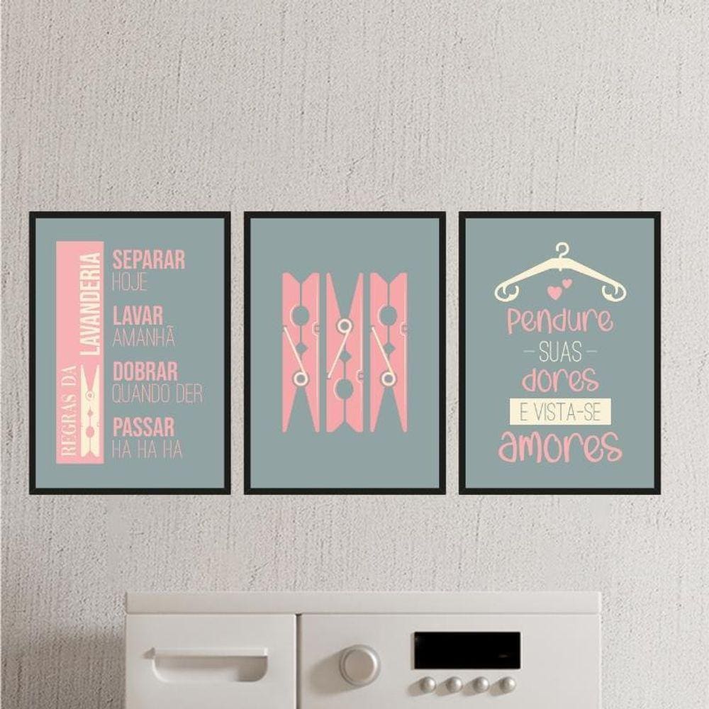 Kit 3 Quadros Lavanderia Cinza E Rosa 33X24Cm - Com Vidro