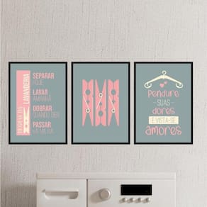 Kit 3 Quadros Lavanderia Cinza E Rosa 45X34Cm