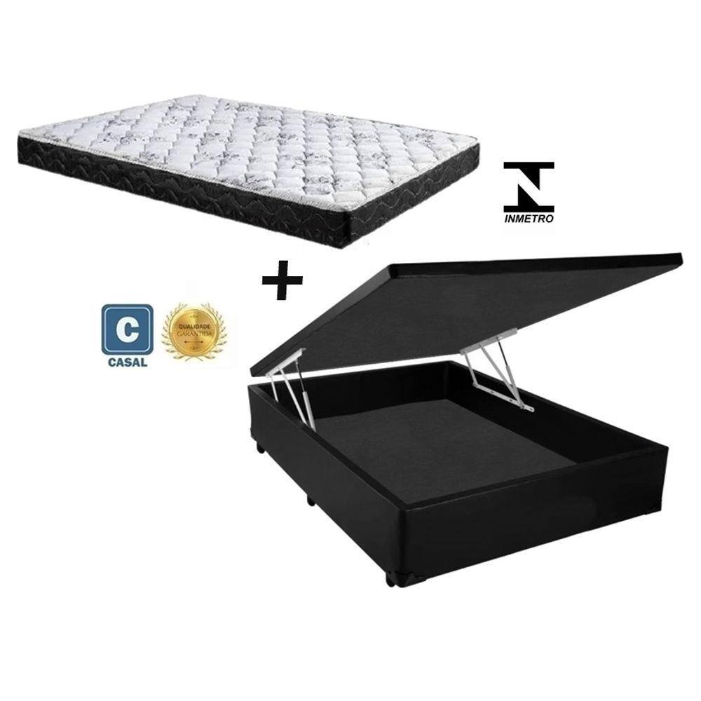 Cama Box Baú Casal Resistence Sintético Preto + Colchão Casal Resistence Espuma D23 Com EPS 24x138x188
