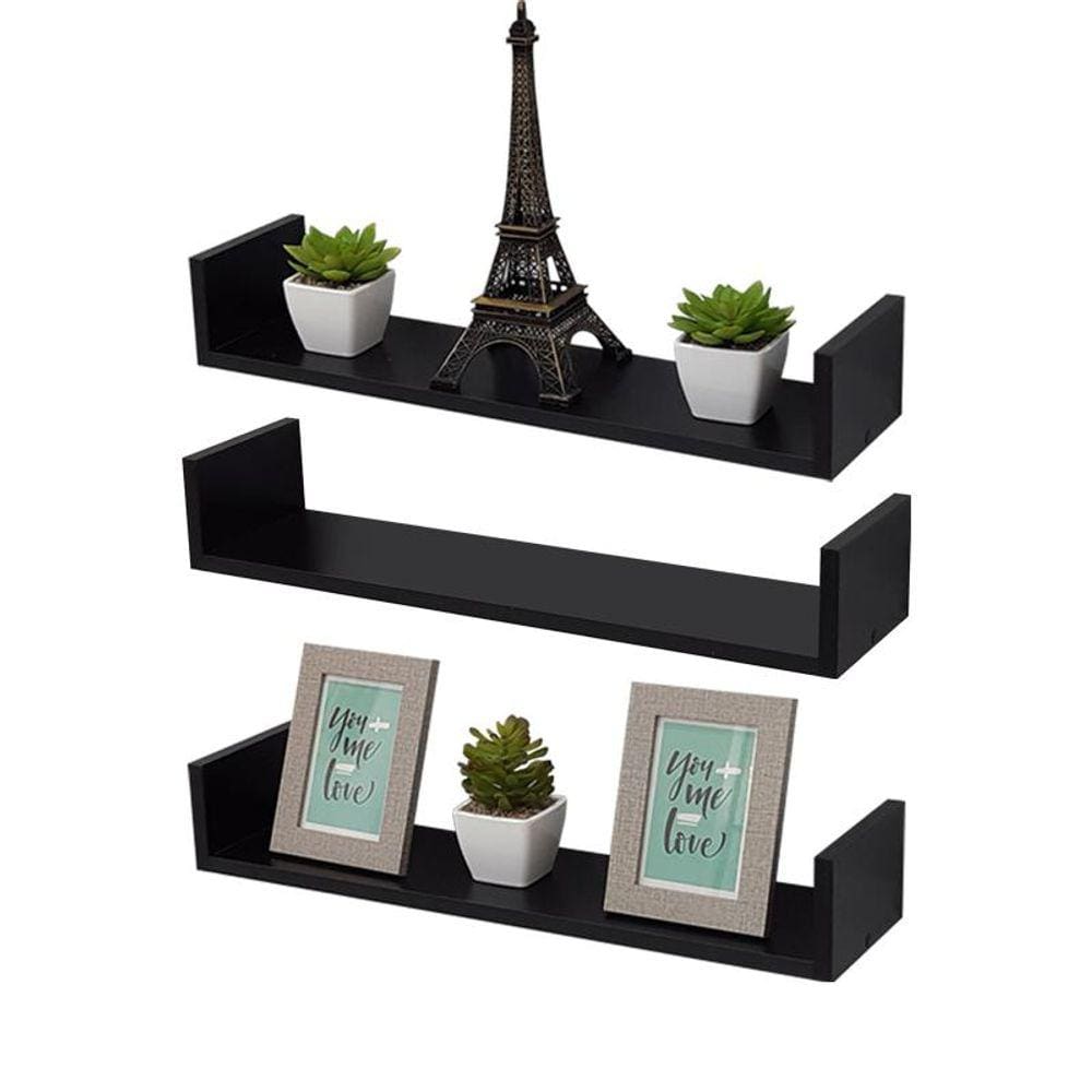 Kit 3 Prateleiras U 80 x 10cm Preta Suporte Invisível