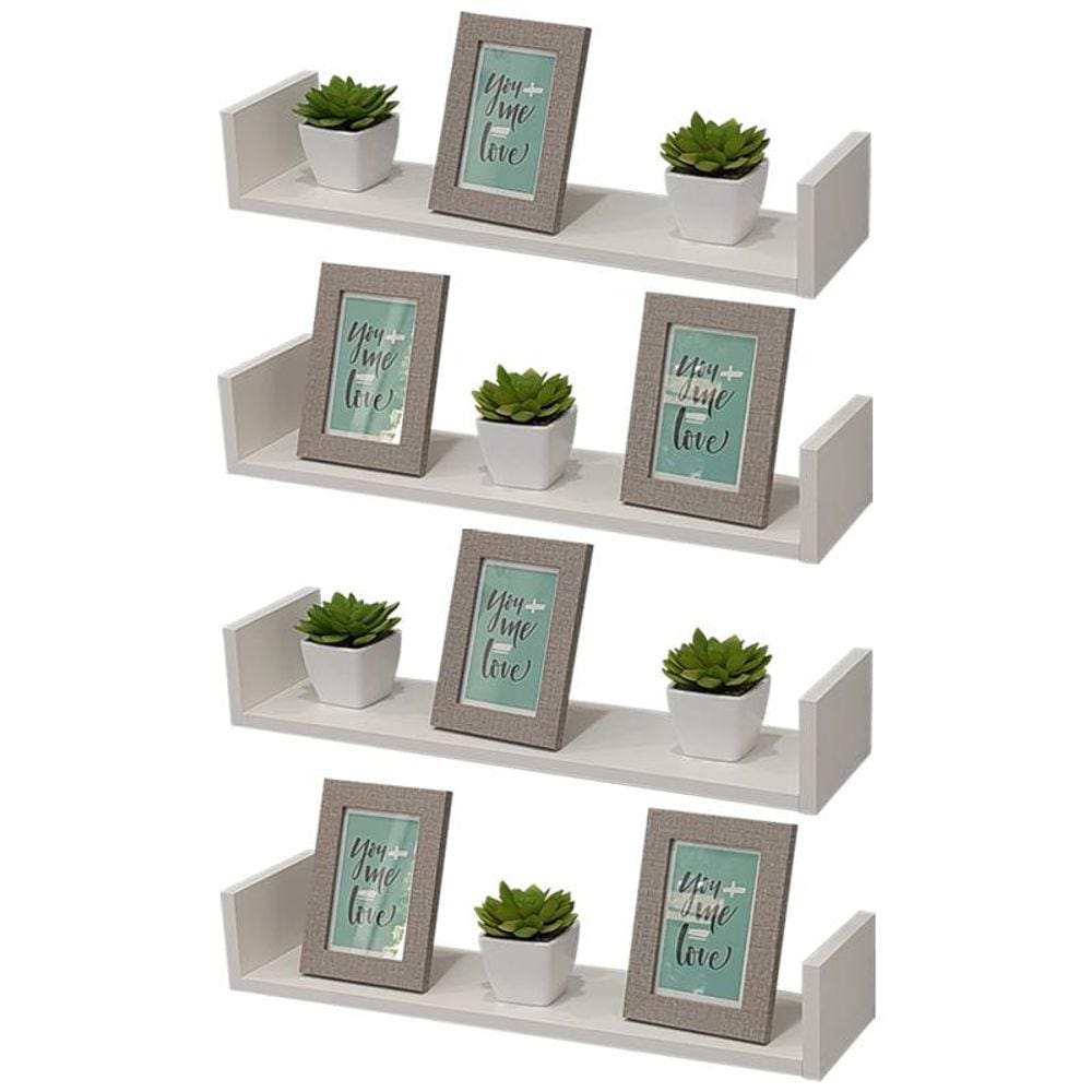 Kit 4 Prateleiras U 60 x 15cm Branca Suporte Invisível