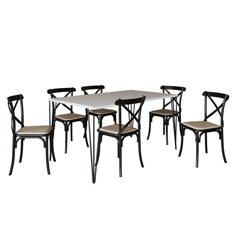 Conjunto Mesa De Jantar Elen Com 6 Cadeiras Katrina Base Preta E Tampo Branco 150Cm - Cor: Preto