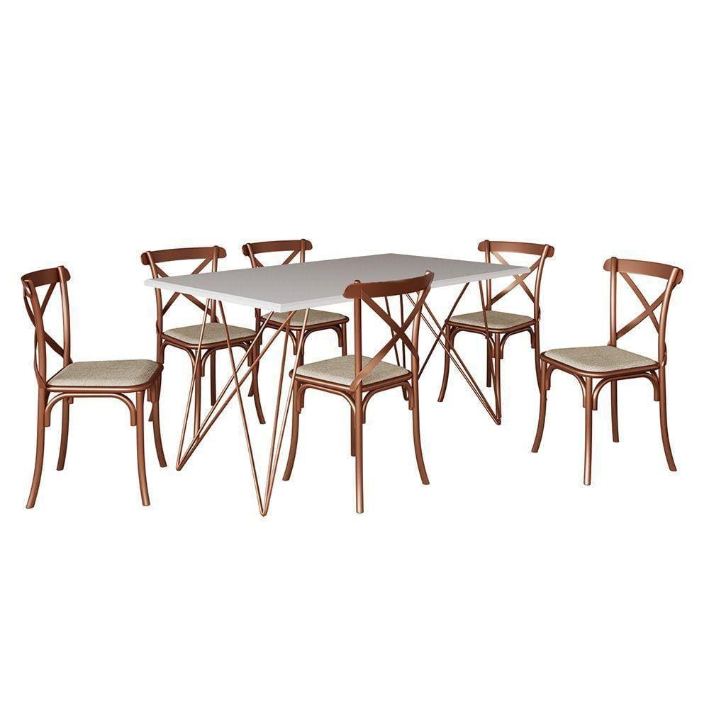 Mesa De Jantar Industrial Com 6 Cadeiras Cobre Premium Cobre E Branco 150 Cm - Marrom