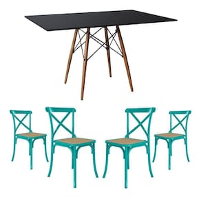 Conjunto De Mesa Eiffel Retangular Tampo De Madeira 120X75Cm Preto Com 4 Cadeiras Katrina Azul Turqu
