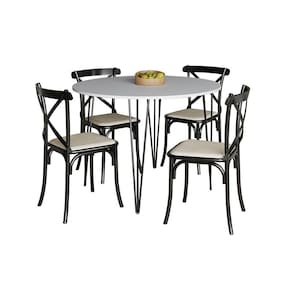 Mesa Com 4 Cadeiras Katrina Preta Elen Hairpin 110Cm Jantar Branca Com Ferro Preto - Cor: Preto