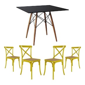 Jogo De Mesa Eiffel Quadrado Tampo De Madeira 90Cm Preto Com 4 Cadeiras Katrina Amarelao Bege