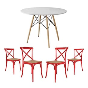 Jogo De Mesa Eiffel Redondo Tampo De Madeira 110Cm Branco Com 4 Cadeiras Katrina Vermelhao Be