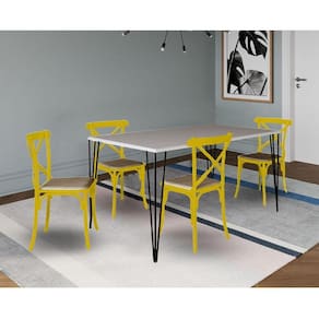 Jogo De Mesa Elen Retangular Tampo De Madeira 140X80Cm Branco Com 4 Cadeiras Katrina Amarelao