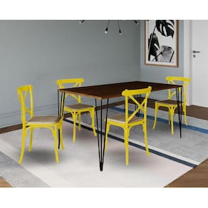 Jogo De Mesa Elen Retangular Tampo De Madeira 140X80Cm Amêndoa Com 4 Cadeiras Katrina Amarela