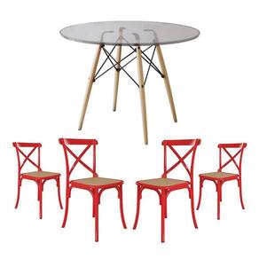 Conjunto De Mesa Eiffel Redondo Tampo De Vidro 110Cm Com 4 Cadeiras Katrina Vermelha Assento Bege