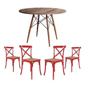 Jogo De Mesa Eiffel Redondo Tampo De Madeira 90Cm Amêndoa Com 4 Cadeiras Katrina Vermelhao Be