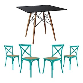Conjunto De Mesa Eiffel Quadrado Tampo De Madeira 90Cm Preto Com 4 Cadeiras Katrina Azul Turquesa