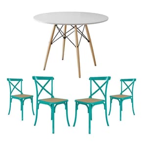 Jogo De Mesa Eiffel Redondo Tampo De Madeira 90Cm Branco Com 4 Cadeiras Katrina Azul Turquesa
