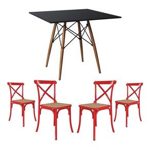 Conjunto De Mesa Eiffel Quadrado Tampo De Madeira 90Cm Preto Com 4 Cadeiras Katrina Vermelhao