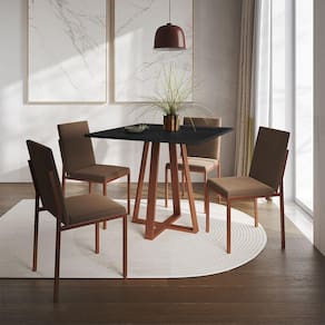 Conjunto De Jantar Mesa Mônaco 90Cm Tampo Preto Com 4 Cadeiras Marrom Base Cobre - Cor: Preto