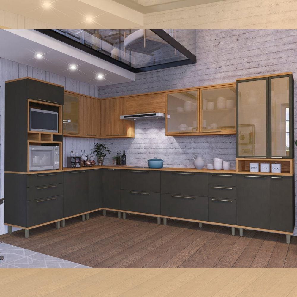 Cozinha Completa 10 Peças 18 Portas 6 Gavetas Madri freijo/cinza