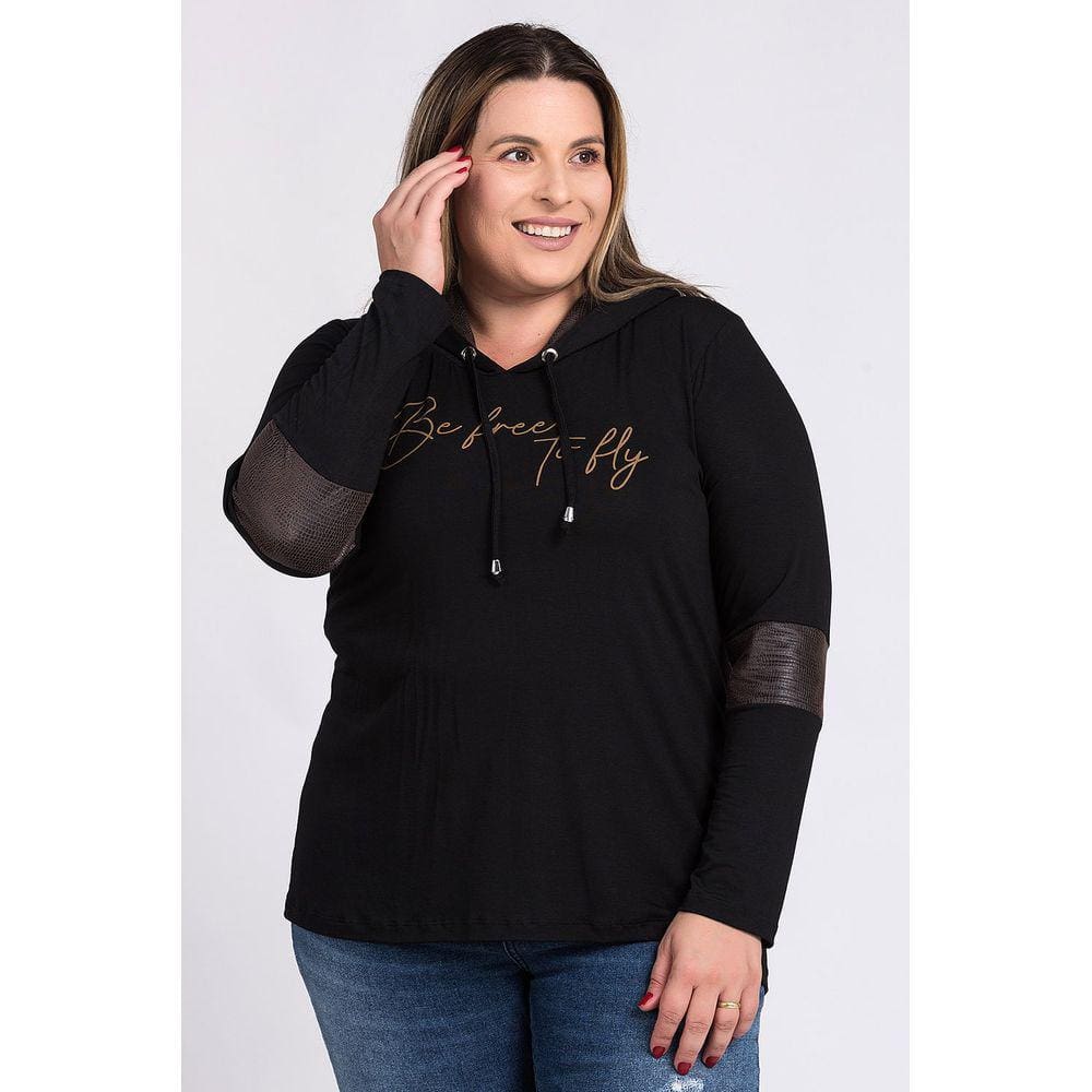 Blusa Feminina Plus Size Manga Longa Estampada ”Be free to fly” Capuz - Serena