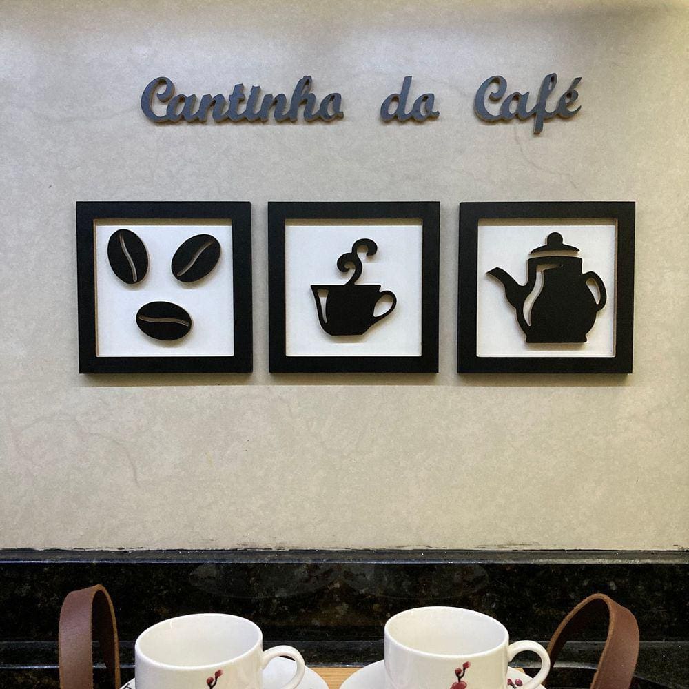 Kit 3 Quadros decorativos Cantinho do Café + Frase 3D relevo