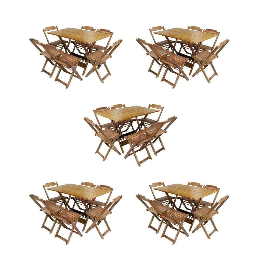 Kit 5 Conjuntos De Mesa Dobravel Com 6 Cadeiras De Madeira 120X70 Para Restaurante E Bar - Mel