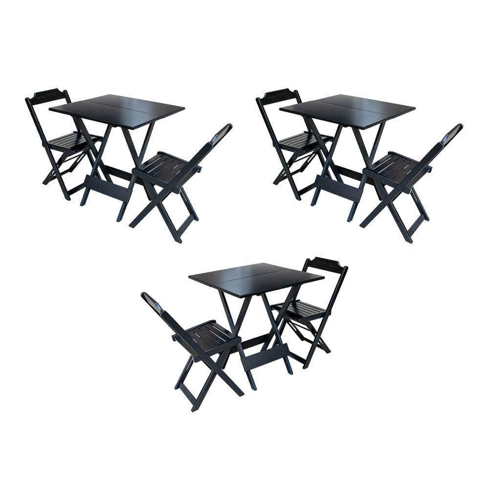 Kit 3 Jogos De Mesa Dobravel Com 2 Cadeiras De Madeira 70X70 Para Restaurante E Bar - Preto