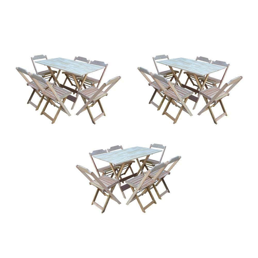 Kit 3 Jogos De Mesa Dobravel Com 6 Cadeiras De Madeira 120X70 Para Restaurante E Bar - Sem Pintura