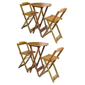 Kit 2 Jogos De Mesa Bistrô Dobrável Em Madeira Maciça Com 2 Banquetas Altas - Mel - Marrom