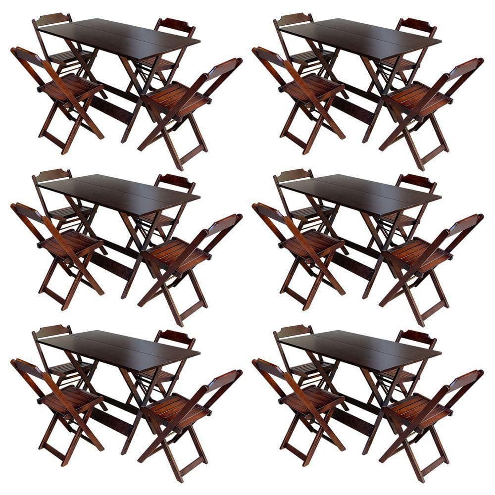 Kit 6 Conjuntos De Mesa Com 4 Cadeiras De Madeira Dobravel 120X70 Imbuia - Marrom
