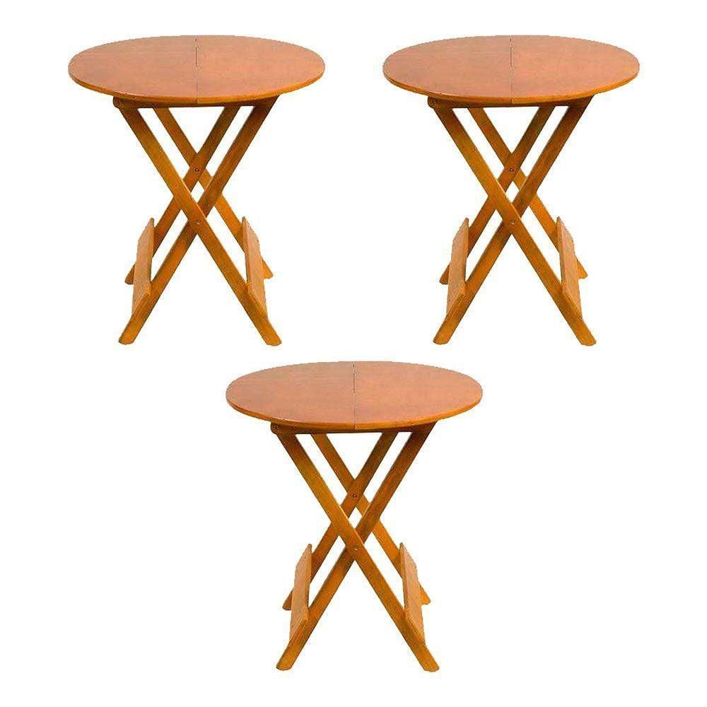 Kit 3 Mesas Redondas Dobráveis Em Madeira Maciça 70X70 Mel Ideal Para Bares E Restaurantes