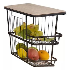 Fruteira Ou Cesto Duplo Organizador Aço E Madeira 30x24x34cm
