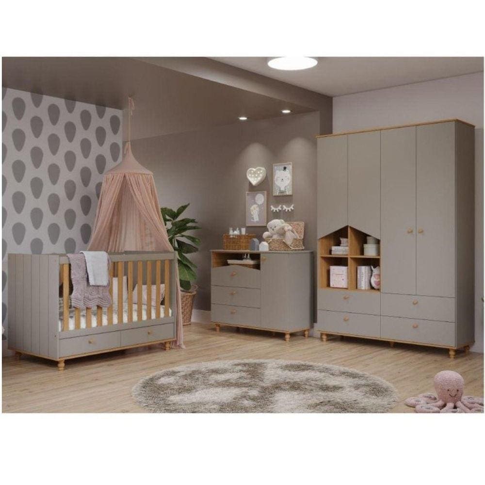 Quarto Completo de Bebê Sweety com 9 Gavetas Permobili Cinza/Savana