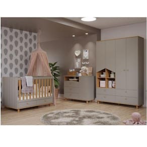 Quarto Completo de Bebê Sweety com 9 Gavetas Permobili Cinza/Savana