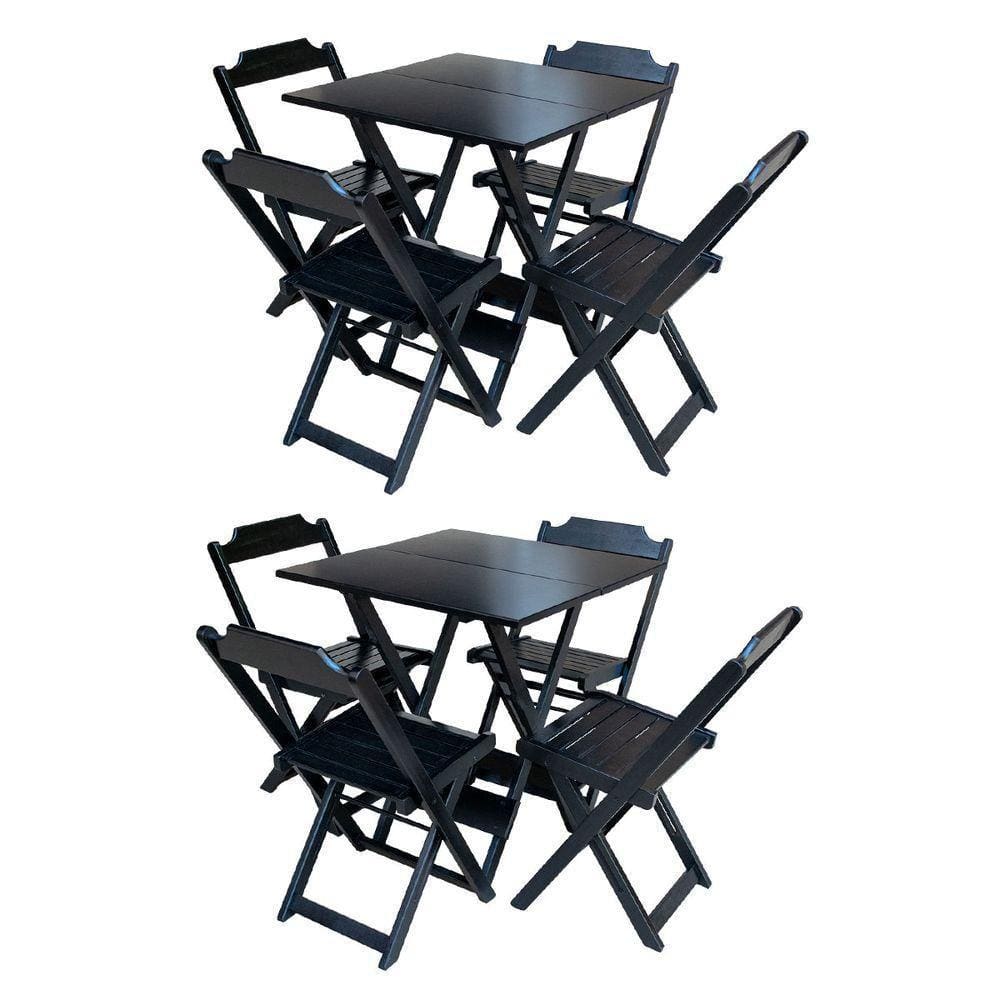 Kit 2 Jogos De Mesa Dobrável Com 4 Cadeiras Em Madeira Maciça 70X70 - Preto - Preto