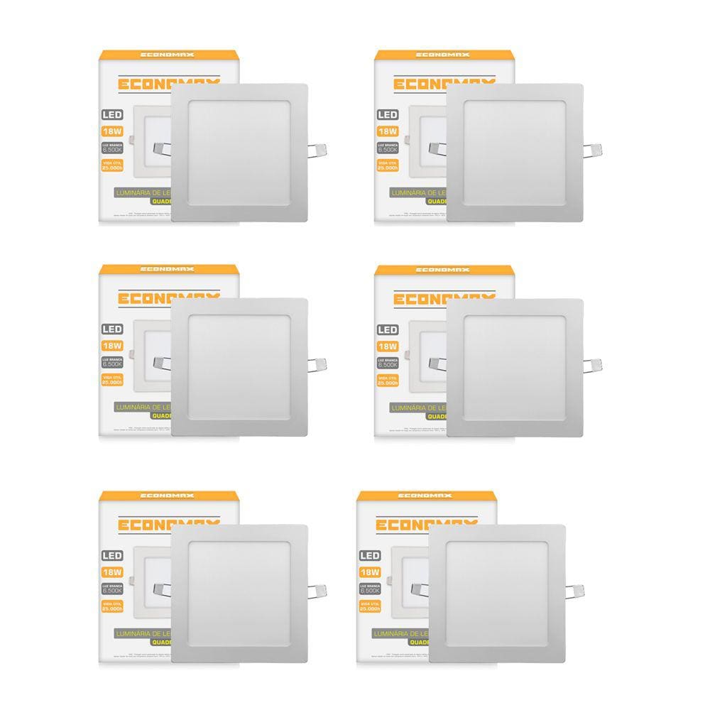 Kit 6 Paineis Led Quadrado para Embutir Plafon 18w 6500k Economax