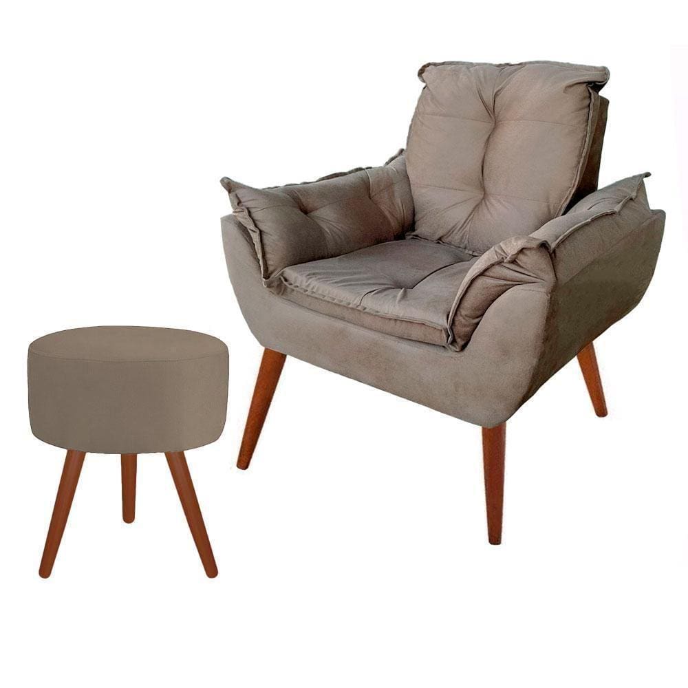 Poltrona Decorativa Opalla Suede Capuccino + Puff Pés Palito