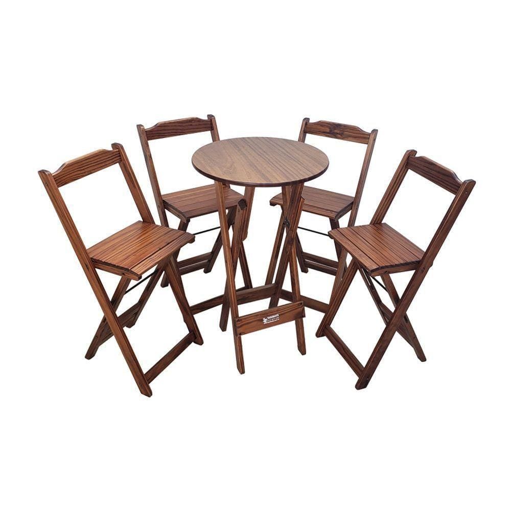 Mesa Bistrô Dobrável De Madeira Redonda Com 4 Banquetas Imbuia - Cor: Marrom
