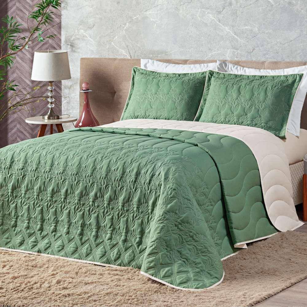Cobre Leito Queen Amarilis Dupla Face Bordada 5 Peças - Verde