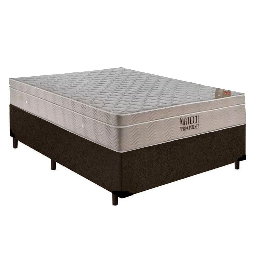 Cama Box Casal Suede + Colchão Casal Ortobom Airtech Molas Ensacadas 65x138x188 Marrom