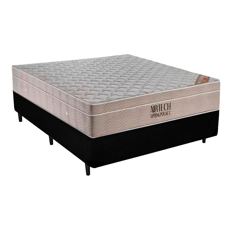 Cama Box Casal Sintético + Colchão Casal Ortobom Airtech Molas Ensacadas 65x138x188 Preto