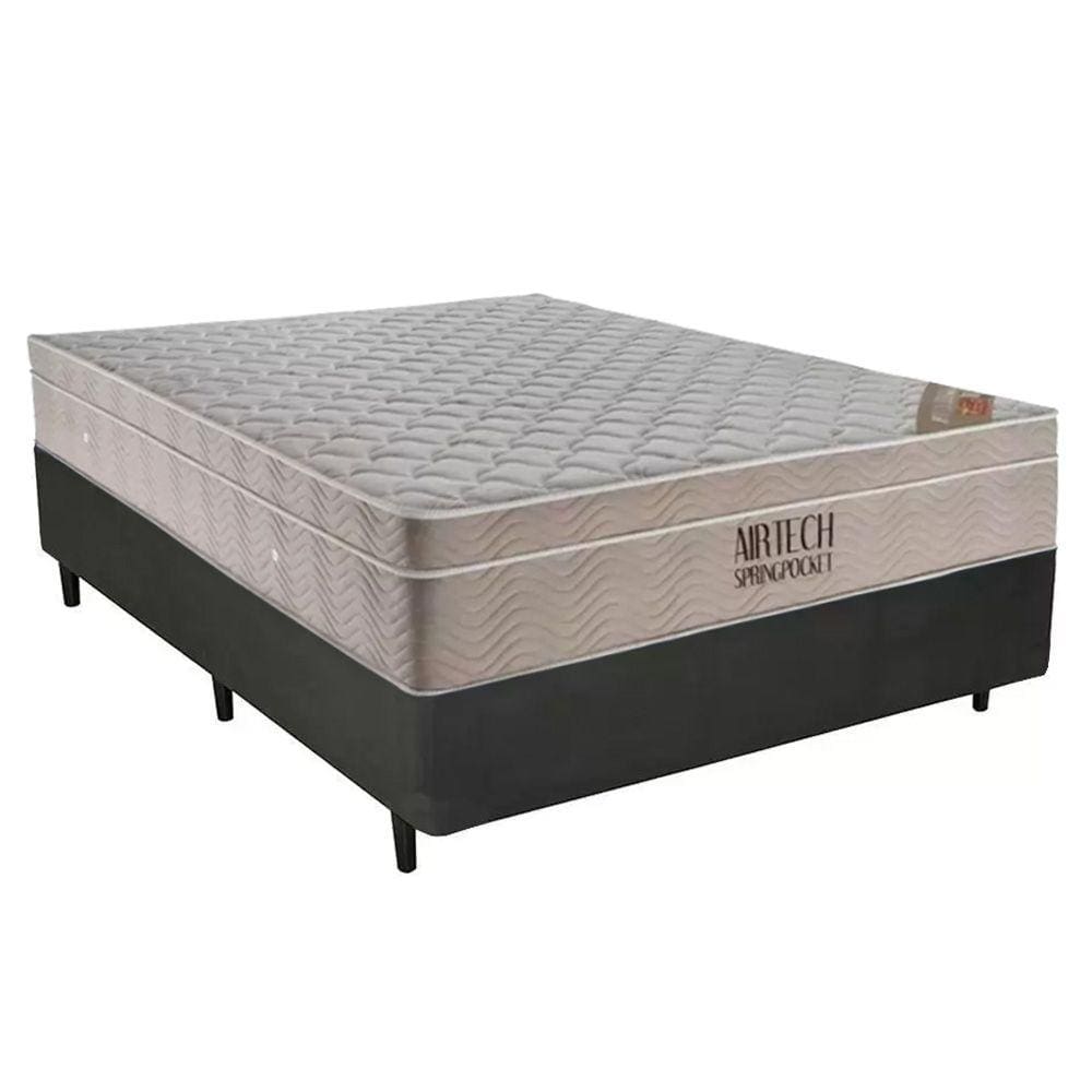 Cama Box Casal Sintético + Colchão Casal Ortobom Airtech Molas Ensacadas 65x138x188 Cinza