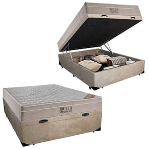 Cama Baú Casal Suede + Colchão Casal Ortobom Airtech Molas Ensacadas 65x138x188 Bege