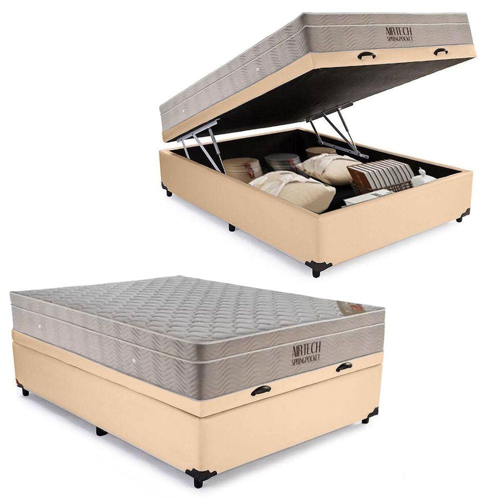 Cama Baú Casal Sintético + Colchão Casal Ortobom Airtech Molas Ensacadas 65x138x188