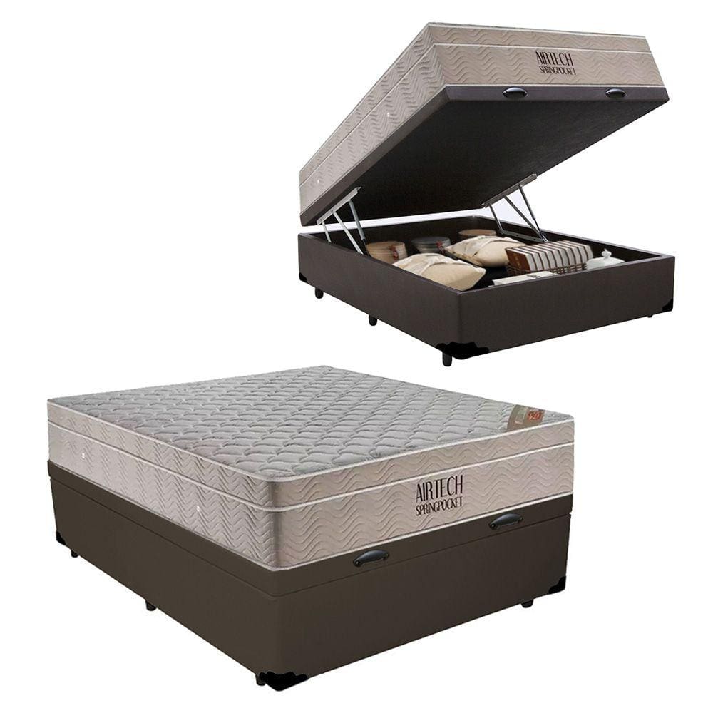 Cama Baú Casal Sintético + Colchão Casal Ortobom Airtech Molas Ensacadas 65x138x188 Marrom