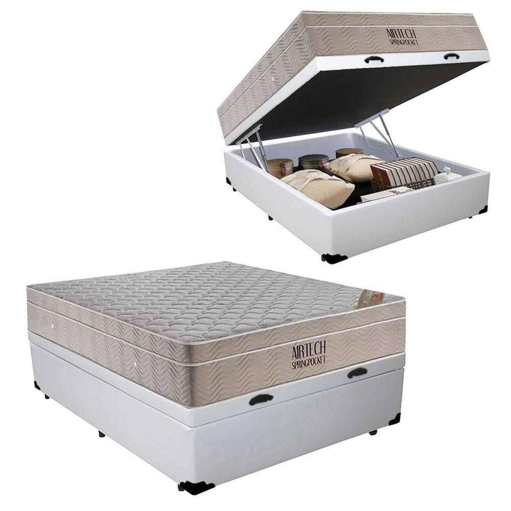 Cama Baú Casal Sintético + Colchão Casal Ortobom Airtech Molas Ensacadas 65x138x188 Branco