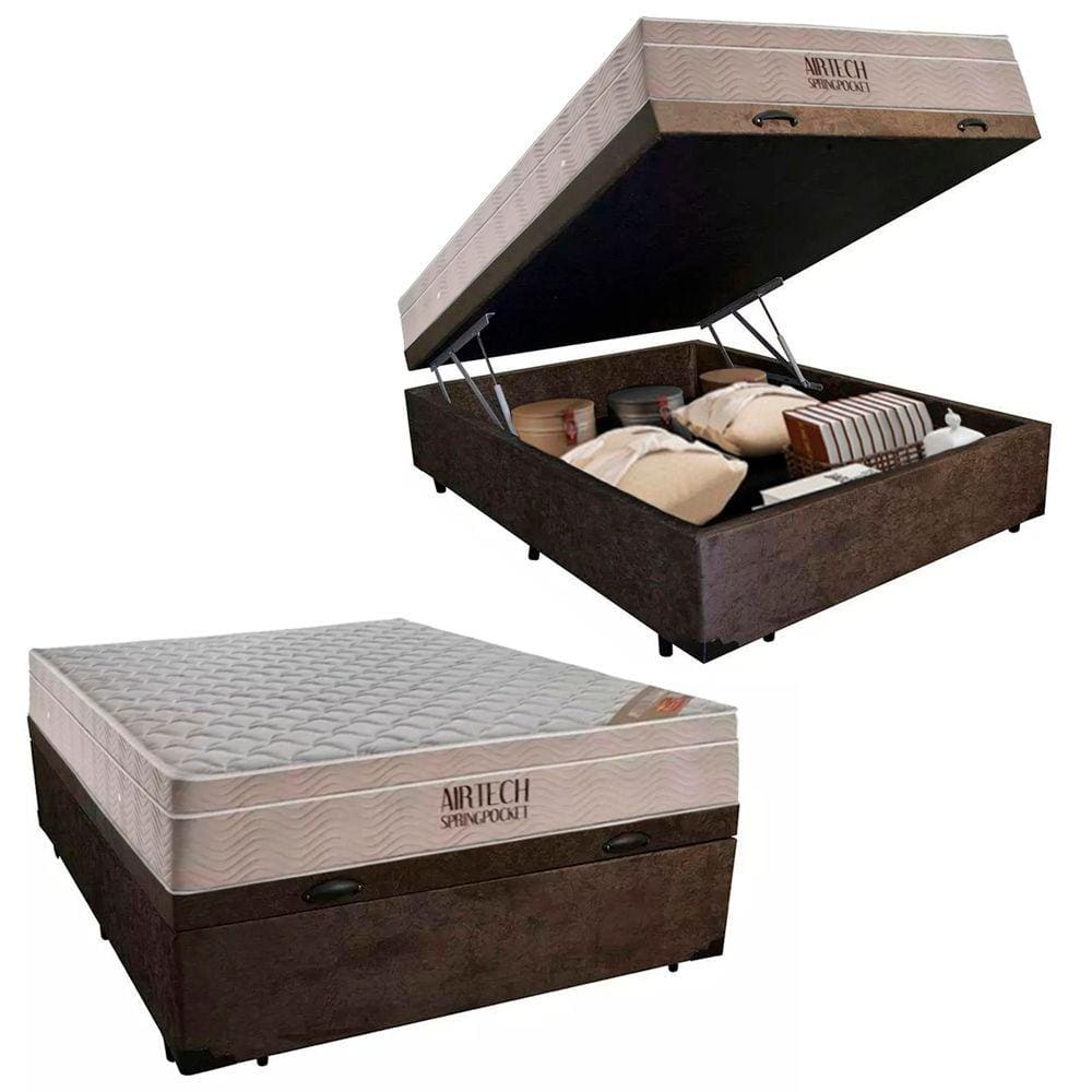Cama Baú Casal Suede + Colchão Casal Ortobom Airtech Molas Ensacadas 65x138x188 Marrom