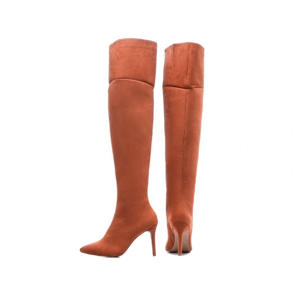 Bota Feminina Over Bico Fino Cano Longo Salto Alto Marrom Torricella